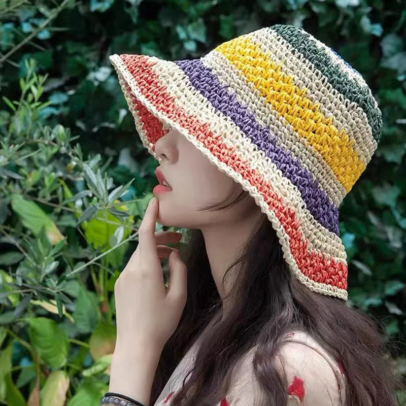 100%Raffia rainbow Girl Sun Hat Wide Brim Floppy Summer Hats For Women Beach Panama Straw Dome Bucket Hat Femme Shade Hat