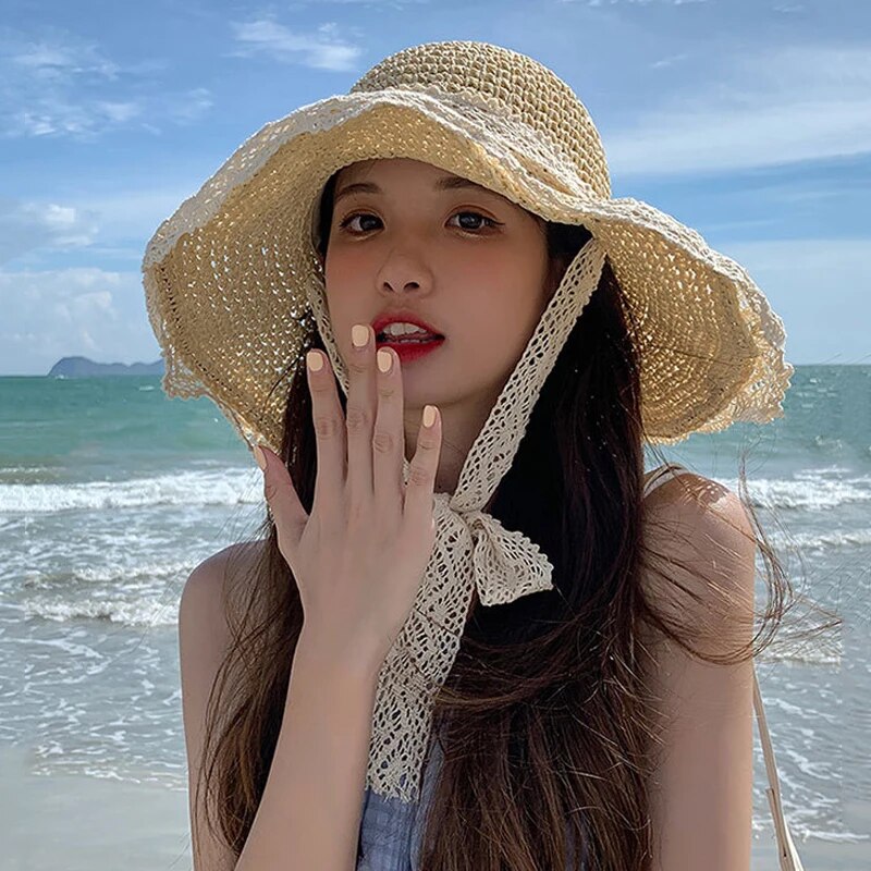 New Summer Fashion Straw Hat Women Foldable Wide Large Brim Plage Beach Sun Hat Chapeau Femme UV Protection Cap 여름모자 Gorras