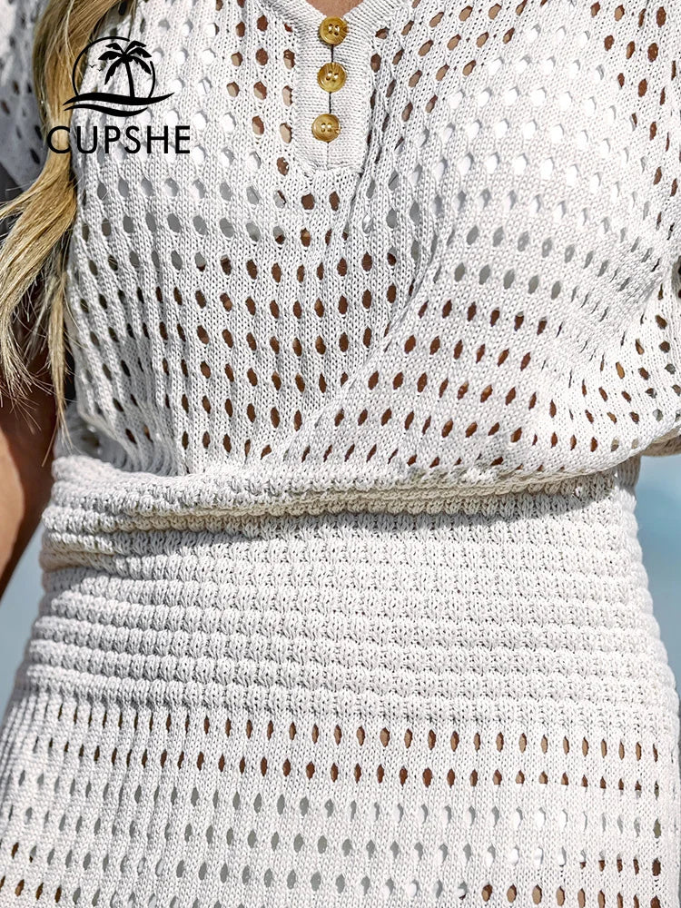 CUPSHE Cutout Crochet Bikini Swim Cover Up For Women Sexy V-neck Short Sleeve Beach Tunic Mini Dress 2023 Summer Beachwear