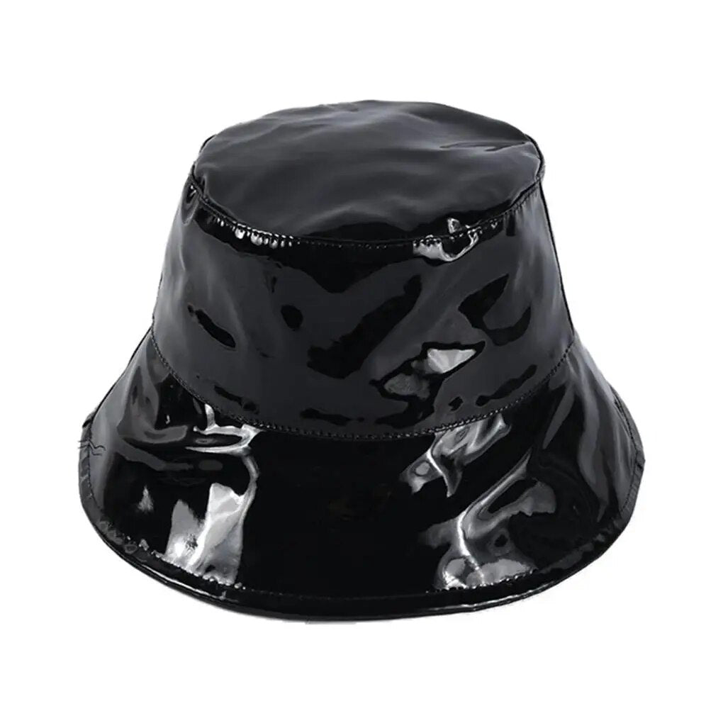 Bucket Hat Waterproof Rain Caps Fashion Black Patent Leather Solid Color Retro Street Hip Hop Fishing Bonnet Beach Party