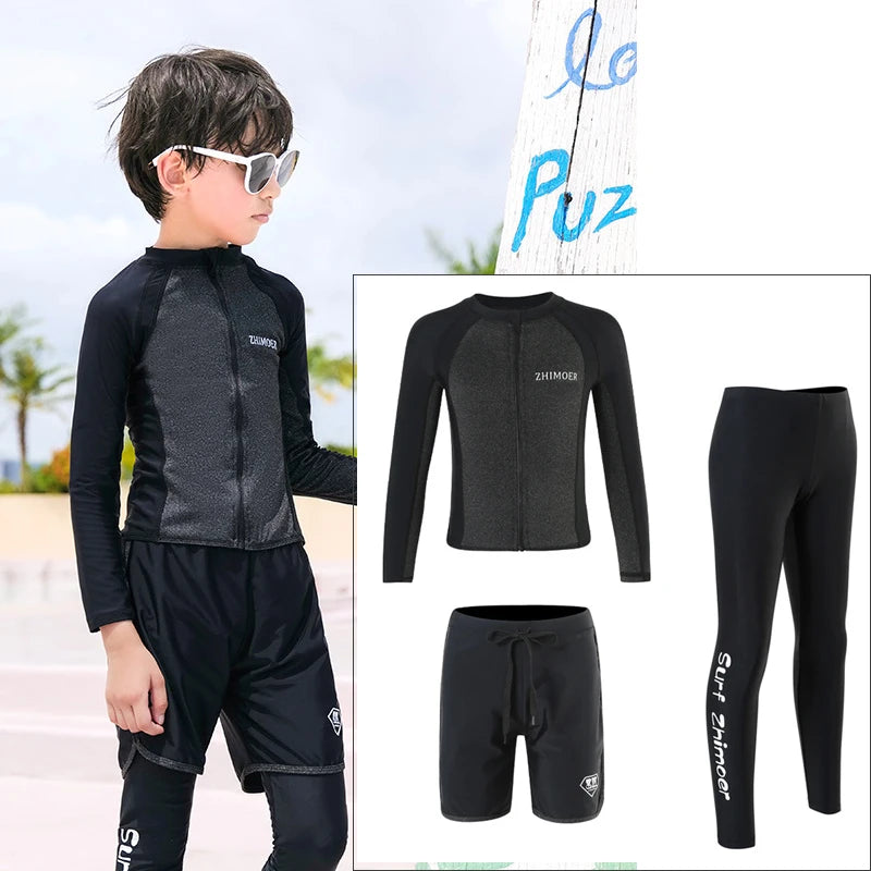 Boys Youth Three Piece Rash Guard Long Sleeve Zipper Hoodie Shirt and Pants Athletic Surfing Swimsuit Bathing Suits Kid Swimwear