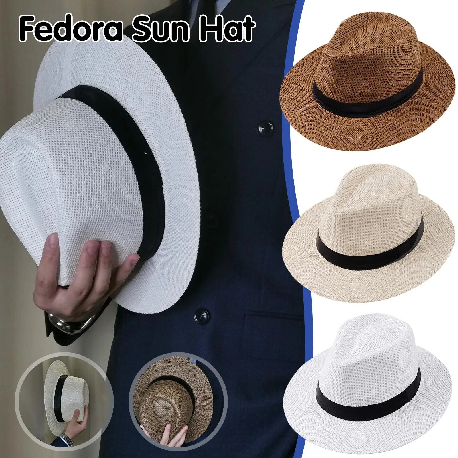 Straw Fedora Sun Hat Unisex Women Men Fashion Summer Casual Trendy Beach Sun Straw Panama Jazz Hat Panama Cowboy