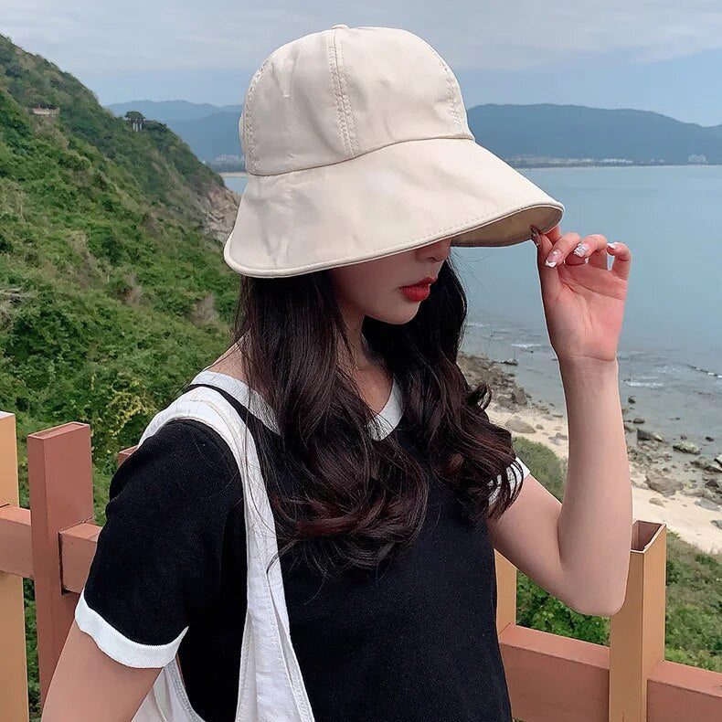 New Women's Spring Summer Cotton Linen Bucket Hat Outdoor Beach Sun Caps Lady Fodable Solid Panama Fishermen Hat Bonnet Gorras