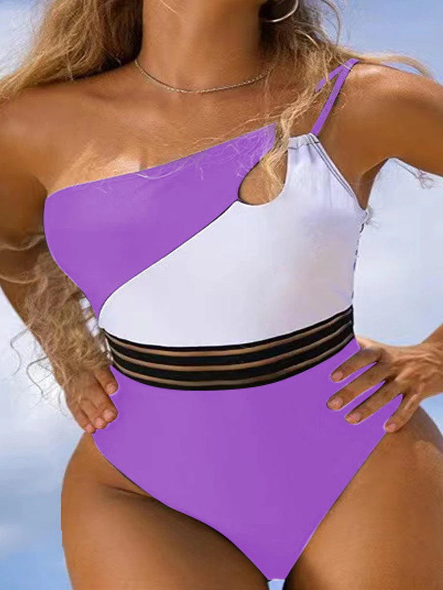 One Shoulder Cut Out Bikini Swimsuit Women Cloth Panel Patchwork Bodysuit Swimwear Female Surfing Sports Bathing Suit Beachwear