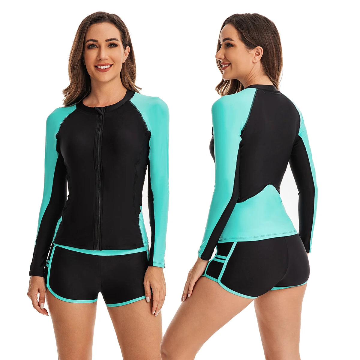 Women's Rash Guards Sun UV Protection Shirt Long Sleeve Padded Top Low Waist Bikini Swimsuit Bathing Suit Two Pieces Swimwears