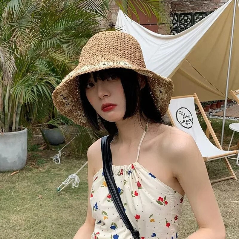 New Summer Fashion Straw Hat Women Foldable Wide Large Brim Plage Beach Sun Hat Chapeau Femme UV Protection Cap 여름모자 Gorras