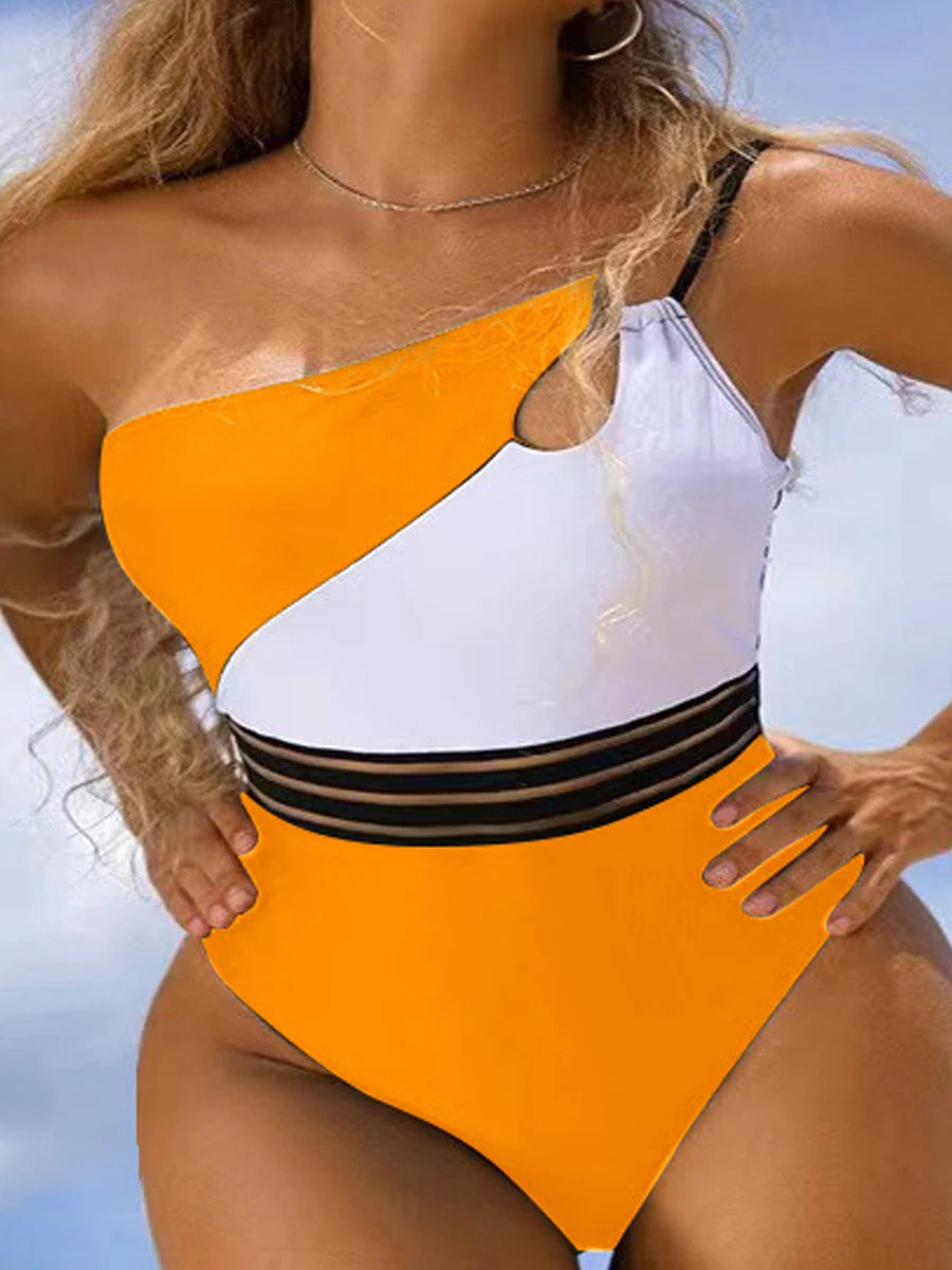 One Shoulder Cut Out Bikini Swimsuit Women Cloth Panel Patchwork Bodysuit Swimwear Female Surfing Sports Bathing Suit Beachwear