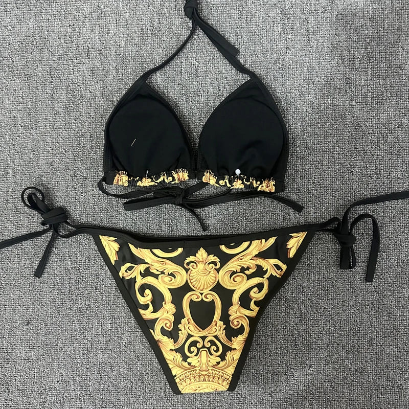 New Sexy Swimsuit Golden Floral Print Two Piece Bikini Female Brazilian Bather Bathing Suit 2024 Women Swimwear Beach biquínis