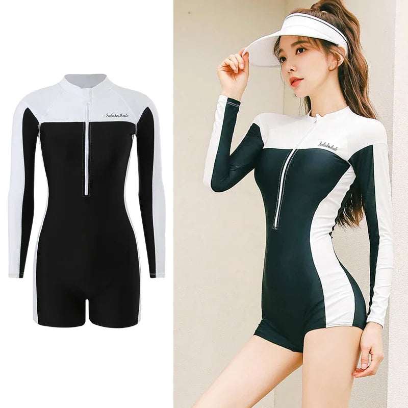 Korean Women's One Pieces Swimsuit Black White Patchwork Sport Swimwear Long Sleeve Sports Surfing Swimwear Bathing Suit 2024