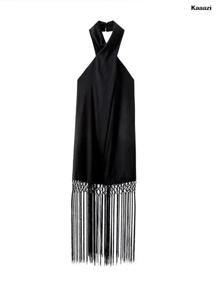 Sexy Halter Dress Women Black Tassel Backless Linen Sleeveless Female Dresses 2024 Summer Fashion Beach Long Lady Vestidos