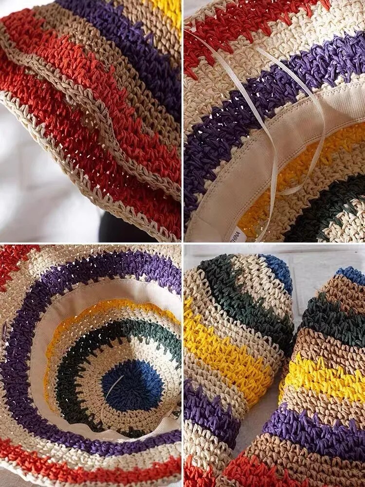 100%Raffia rainbow Girl Sun Hat Wide Brim Floppy Summer Hats For Women Beach Panama Straw Dome Bucket Hat Femme Shade Hat