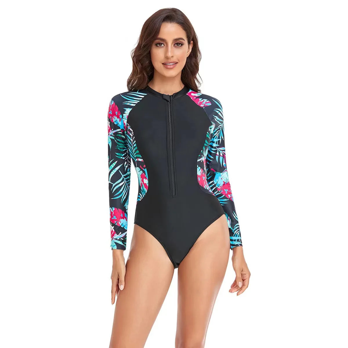 Solid Color One-Piece Swimsuit Long Sleeve Swimwear Sports Women's Swimming Bathing Suit Beach Bather Surfing Swim Wear