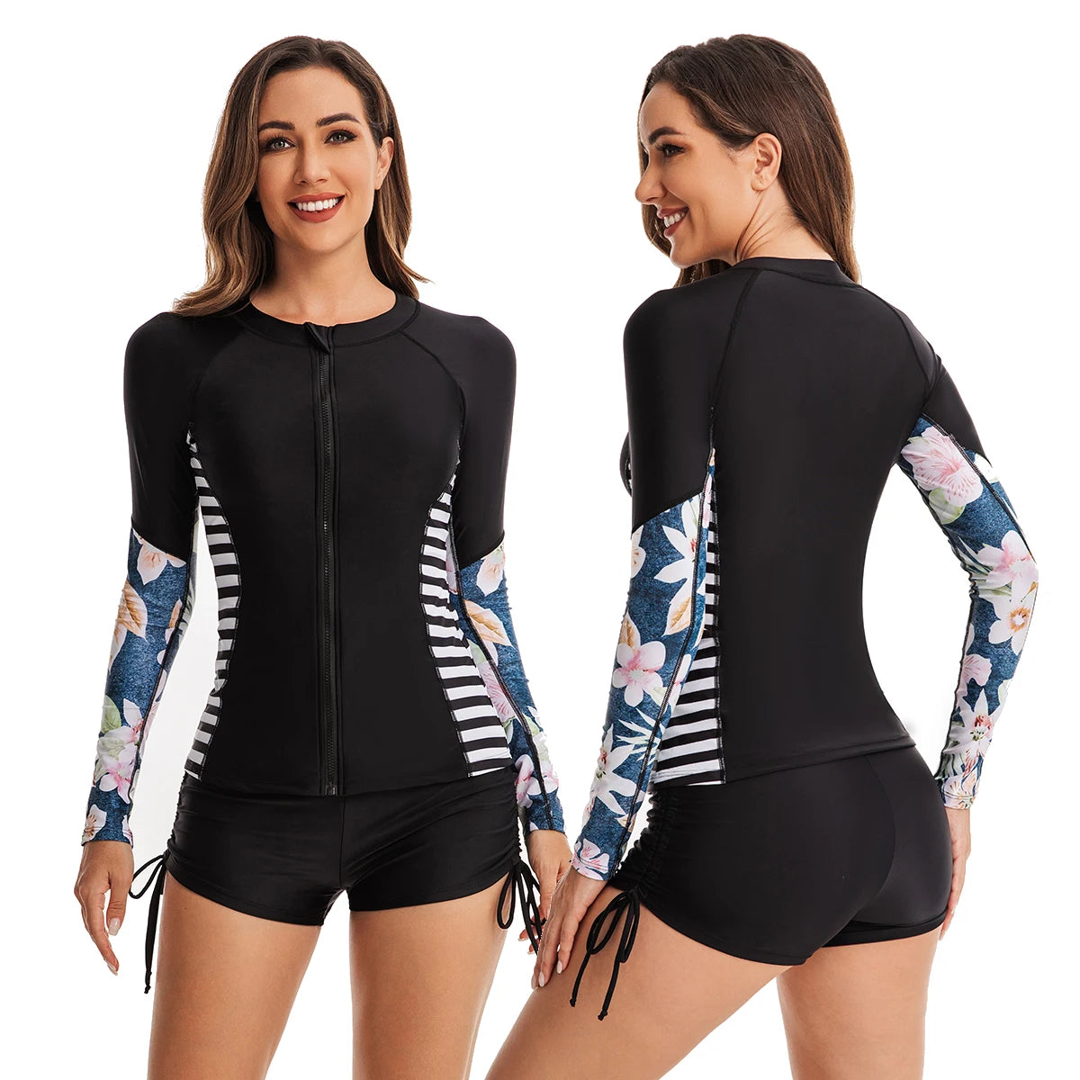 Women's Rash Guards Sun UV Protection Shirt Long Sleeve Padded Top Low Waist Bikini Swimsuit Bathing Suit Two Pieces Swimwears