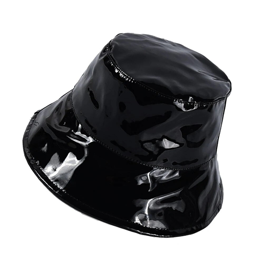 Bucket Hat Waterproof Rain Caps Fashion Black Patent Leather Solid Color Retro Street Hip Hop Fishing Bonnet Beach Party