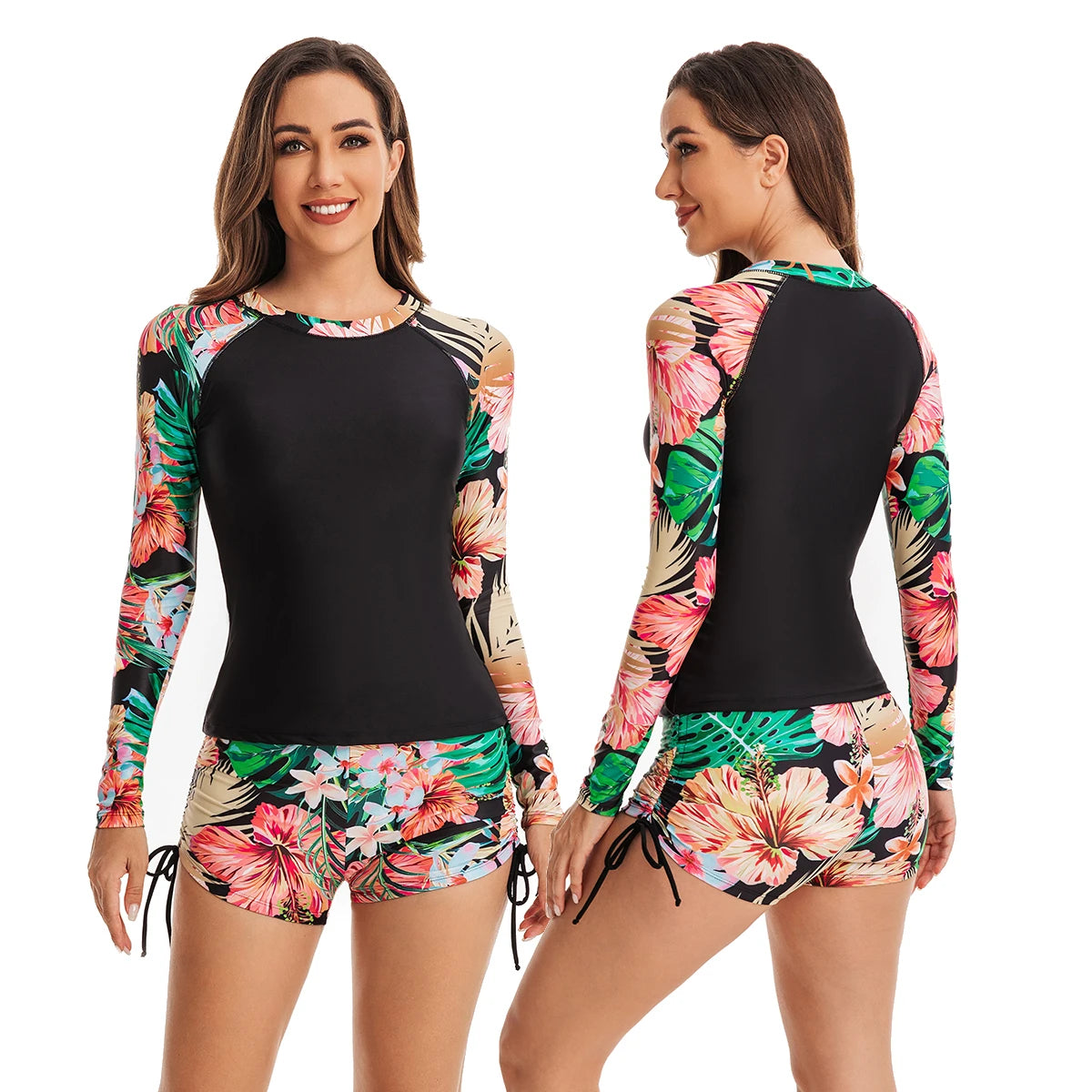 Women's Rash Guards Sun UV Protection Shirt Long Sleeve Padded Top Low Waist Bikini Swimsuit Bathing Suit Two Pieces Swimwears