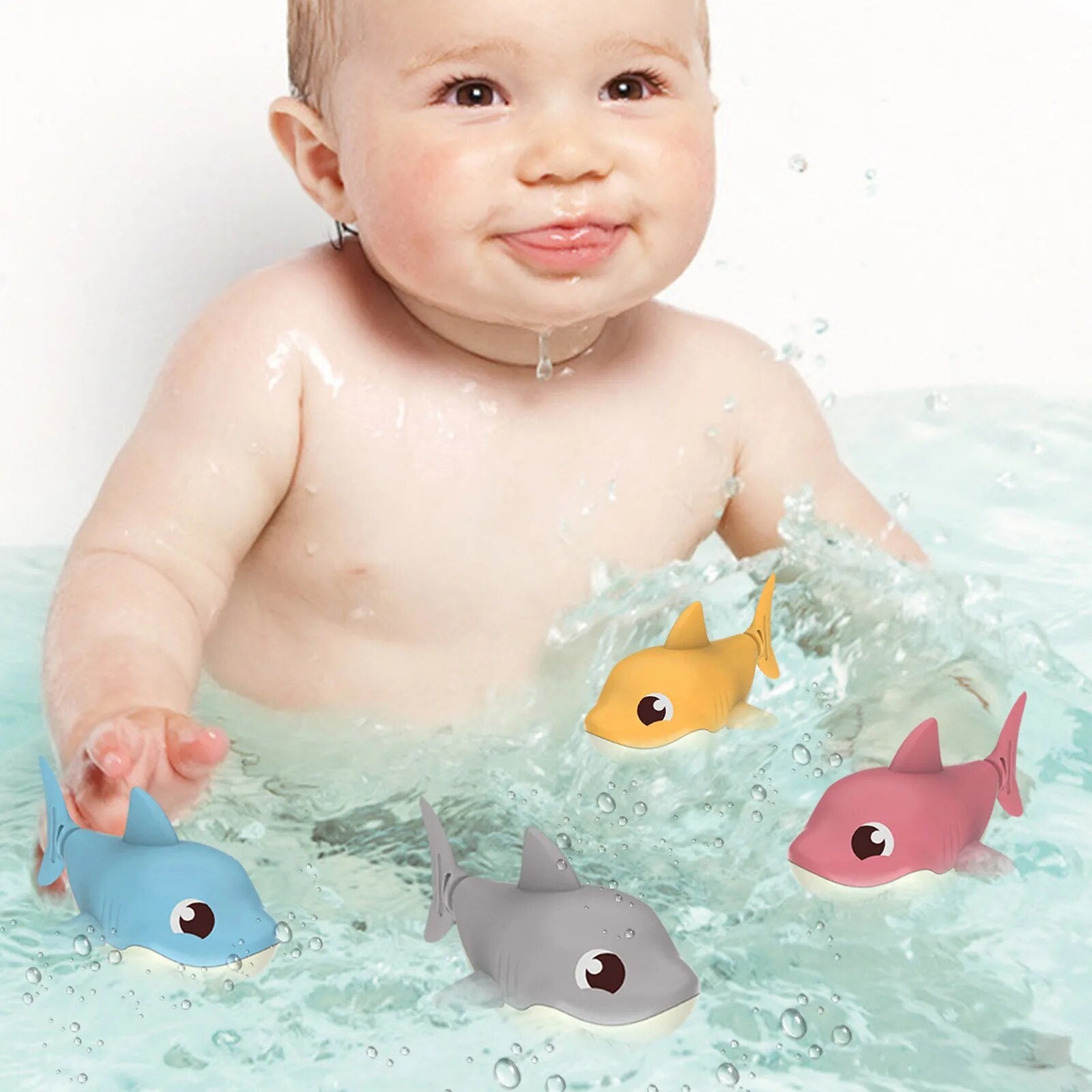 Toddler Bath Toys Cute Cartoon Swimming Shark Clockwork Wagging Tail Rotating Device Beach Baby Bath Tub Wind Up Toy