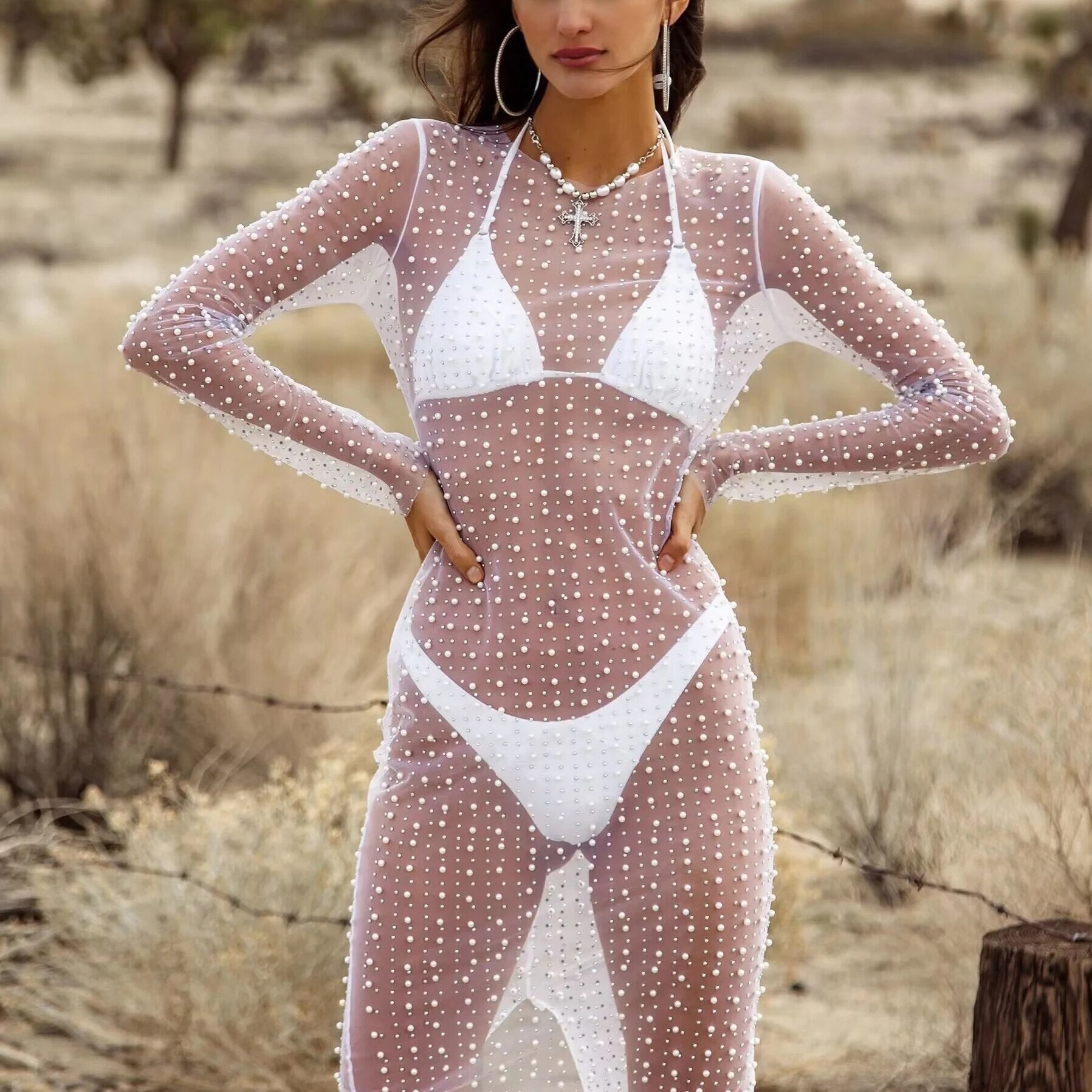 Zenaide 2024 See Through Mesh Dress Diamonds Pearl Long Sleeve Summer Sexy Bodycon Maxi Dresses Women Y2K Party Club Beach Cloth