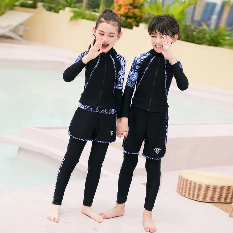 Boys Youth Three Piece Rash Guard Long Sleeve Zipper Hoodie Shirt and Pants Athletic Surfing Swimsuit Bathing Suits Kid Swimwear