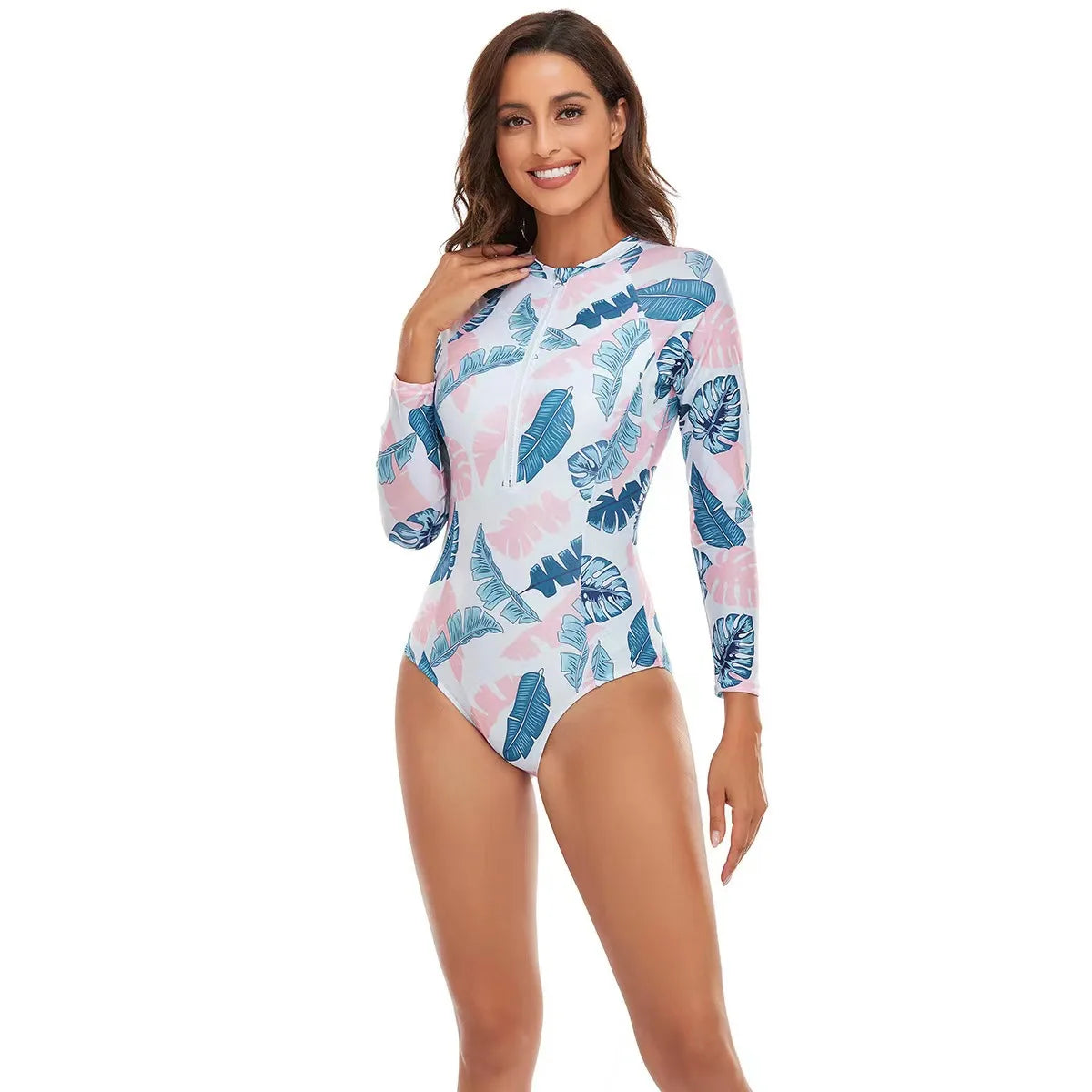 Solid Color One-Piece Swimsuit Long Sleeve Swimwear Sports Women's Swimming Bathing Suit Beach Bather Surfing Swim Wear