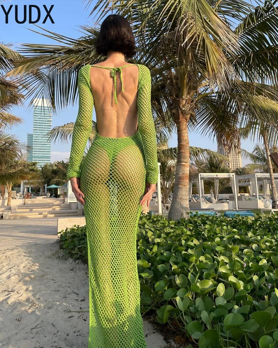 Knitted Beach Dress Green Backless Cover Up for Women Long Crochet Dress High Slit Hollow Out Swimwear Summer Beachwear Outfit