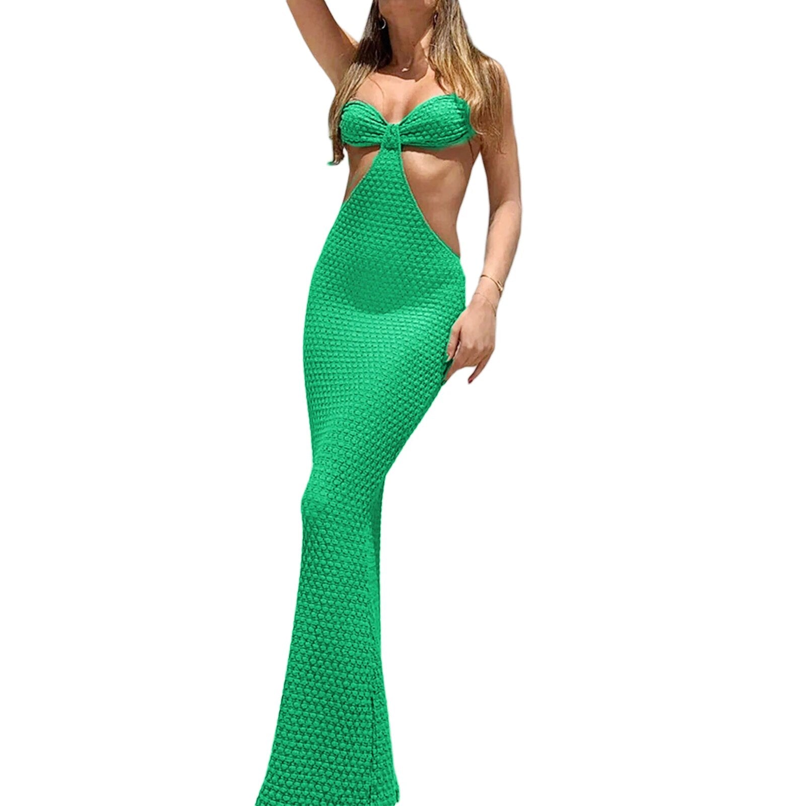 wsevypo Halter Maxi Bodycon Women Dress 2022 Summer Sexy Hollow Out Backless Wrapped Long Party Dresses Club Beach Sundress