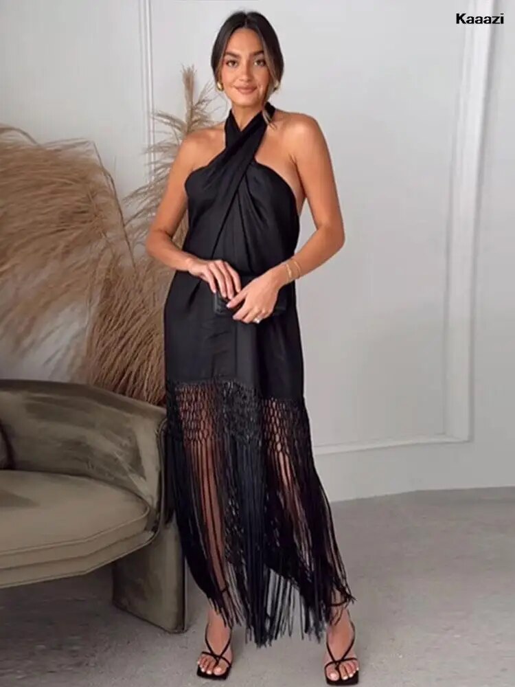 Sexy Halter Dress Women Black Tassel Backless Linen Sleeveless Female Dresses 2024 Summer Fashion Beach Long Lady Vestidos