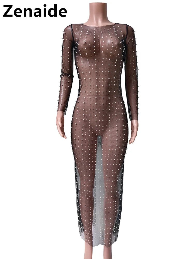 Zenaide 2024 See Through Mesh Dress Diamonds Pearl Long Sleeve Summer Sexy Bodycon Maxi Dresses Women Y2K Party Club Beach Cloth