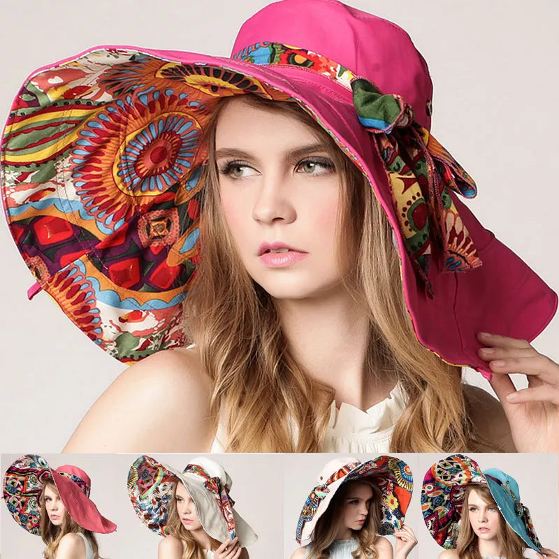 Summer Sun Protection Folding Flower Sun Hat for Women Wide Brim Cap Ladies Beach Visor Hat Girl Holiday UV Protection Sun Hat