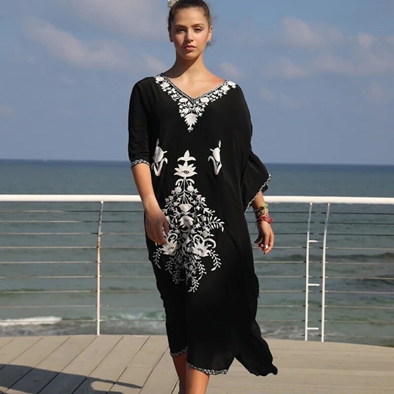 New Cover-up Beach Maxi Dress 2024 Robe De Plage Embroidery Beach Cover Up Sarong Women Beach Pareo Tunic For Beach Swimwear