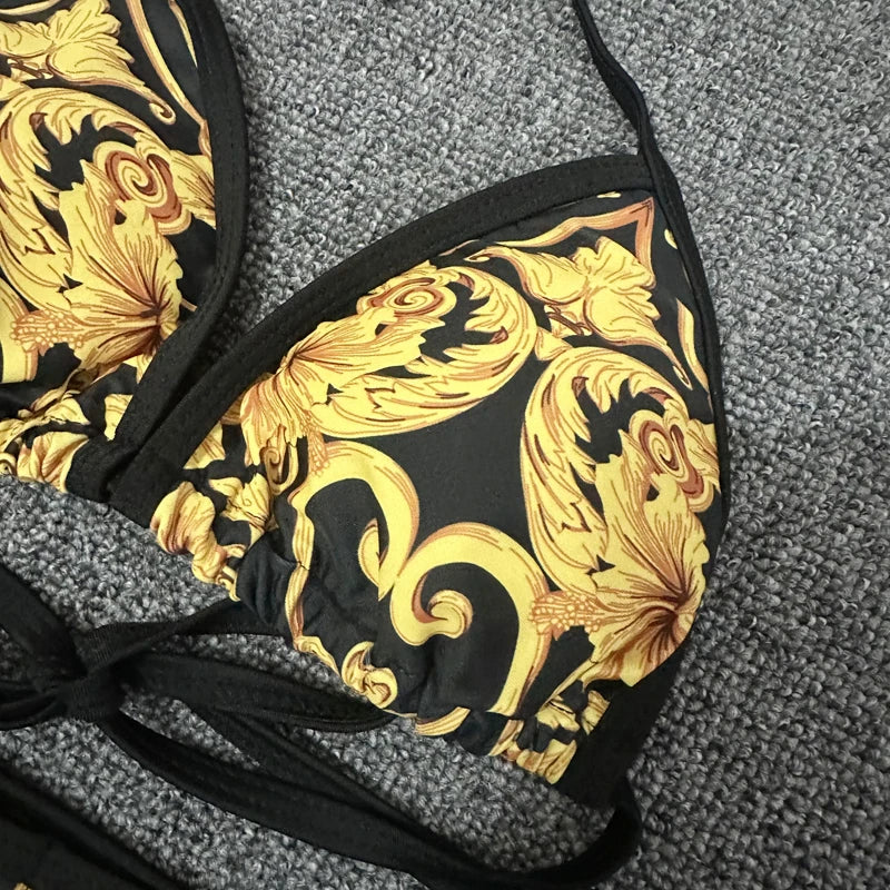 New Sexy Swimsuit Golden Floral Print Two Piece Bikini Female Brazilian Bather Bathing Suit 2024 Women Swimwear Beach biquínis