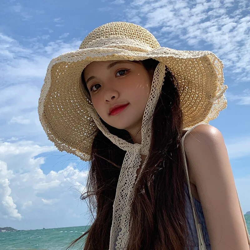 New Summer Fashion Straw Hat Women Foldable Wide Large Brim Plage Beach Sun Hat Chapeau Femme UV Protection Cap 여름모자 Gorras