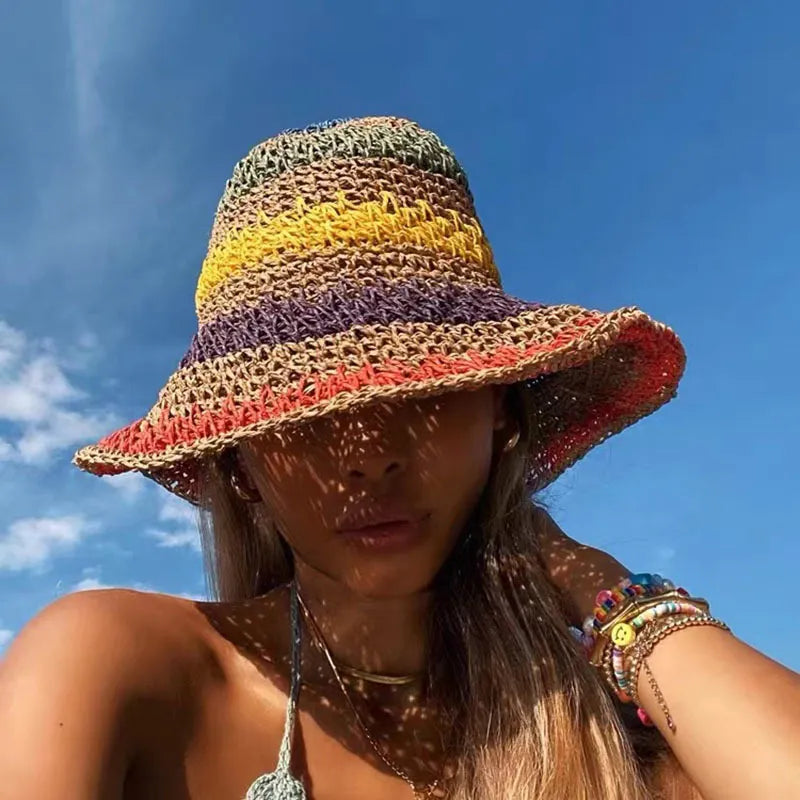 100%Raffia rainbow Girl Sun Hat Wide Brim Floppy Summer Hats For Women Beach Panama Straw Dome Bucket Hat Femme Shade Hat