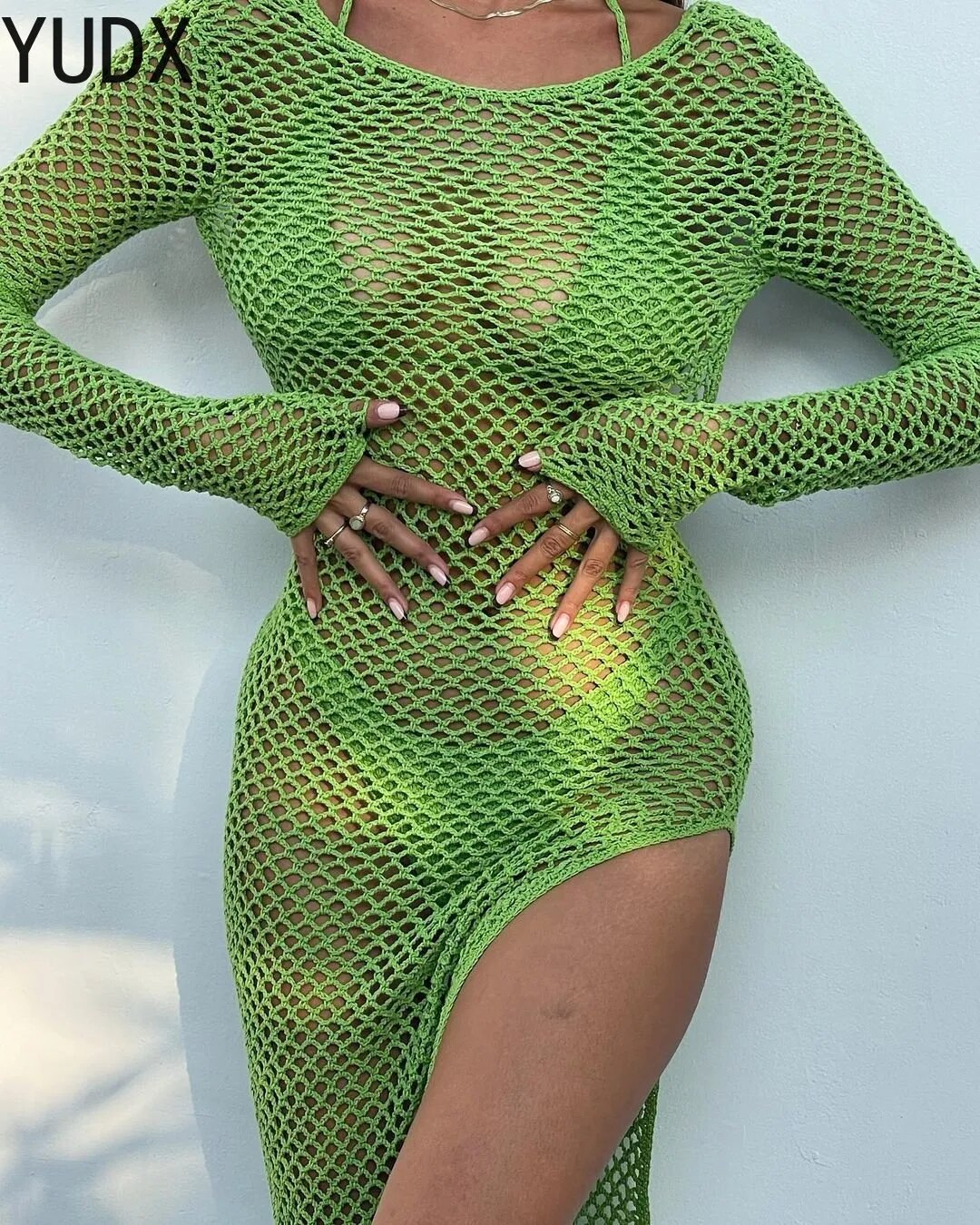 Knitted Beach Dress Green Backless Cover Up for Women Long Crochet Dress High Slit Hollow Out Swimwear Summer Beachwear Outfit