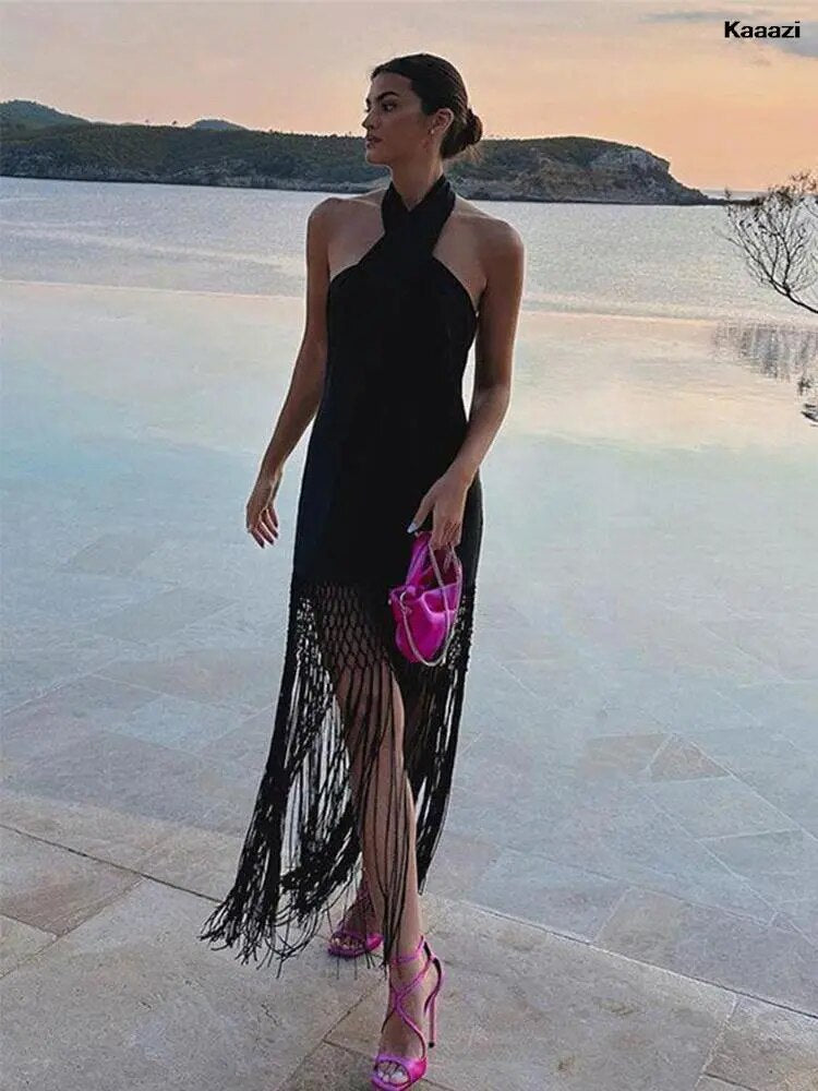 Sexy Halter Dress Women Black Tassel Backless Linen Sleeveless Female Dresses 2024 Summer Fashion Beach Long Lady Vestidos