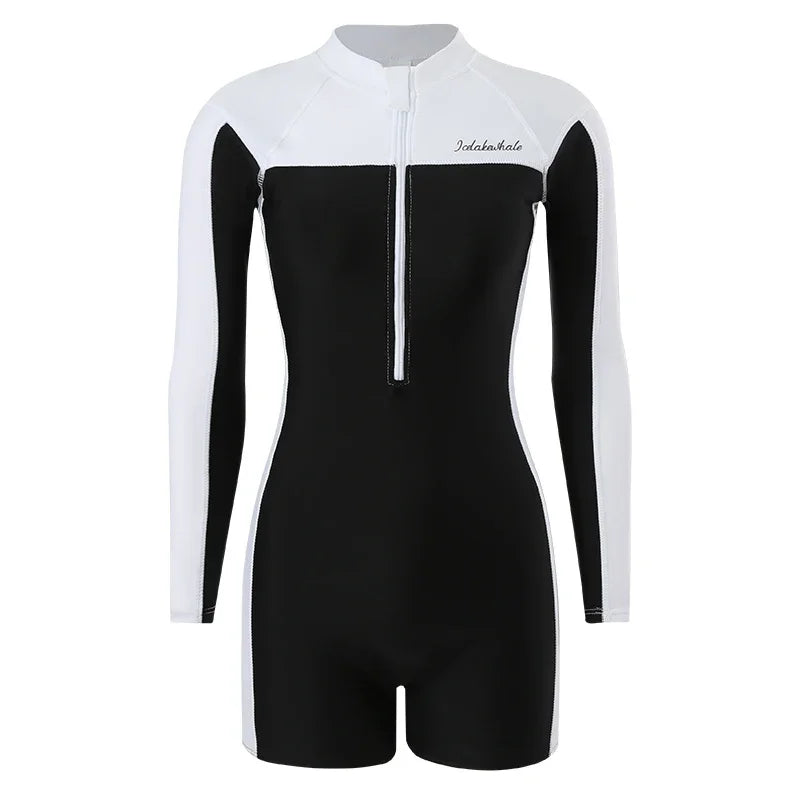 Korean Women's One Pieces Swimsuit Black White Patchwork Sport Swimwear Long Sleeve Sports Surfing Swimwear Bathing Suit 2024