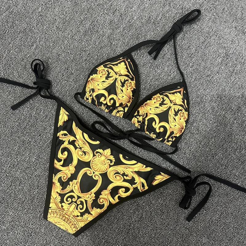 New Sexy Swimsuit Golden Floral Print Two Piece Bikini Female Brazilian Bather Bathing Suit 2024 Women Swimwear Beach biquínis