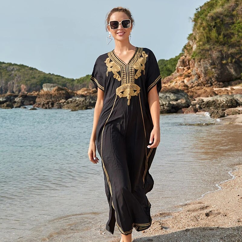 New Cover-up Beach Maxi Dress 2024 Robe De Plage Embroidery Beach Cover Up Sarong Women Beach Pareo Tunic For Beach Swimwear