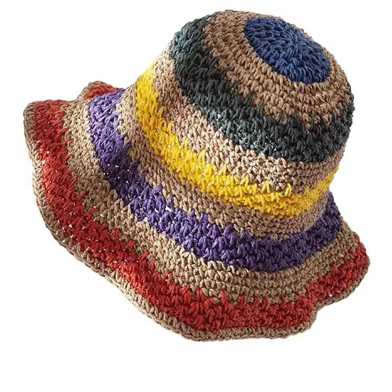 100%Raffia rainbow Girl Sun Hat Wide Brim Floppy Summer Hats For Women Beach Panama Straw Dome Bucket Hat Femme Shade Hat