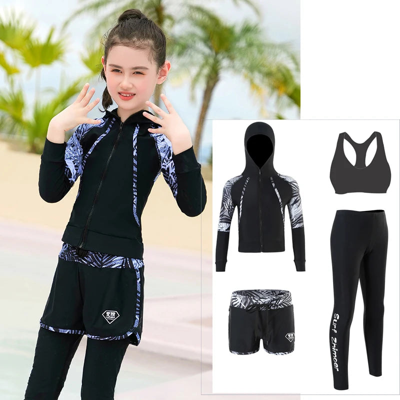 Boys Youth Three Piece Rash Guard Long Sleeve Zipper Hoodie Shirt and Pants Athletic Surfing Swimsuit Bathing Suits Kid Swimwear