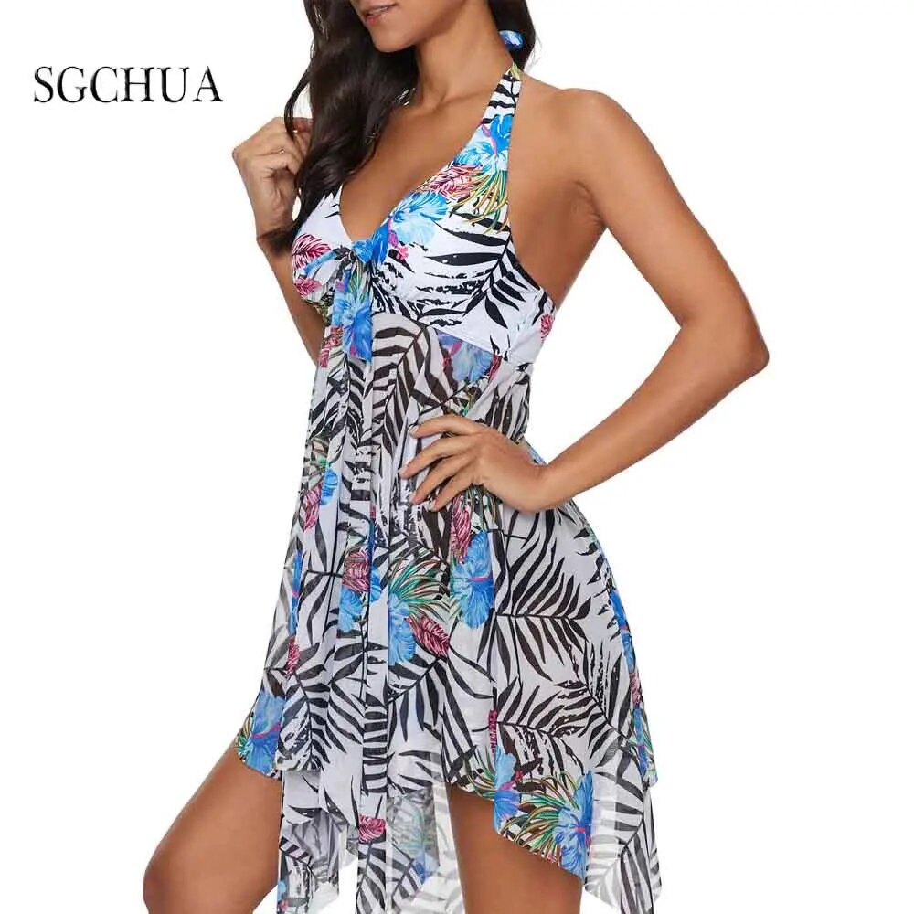 Women Summer Irregular Padded Swimwear Print Halter Swimming Dress Beach Wear Two Piece Swimsuit Bathing Suit Plus Size Tankini