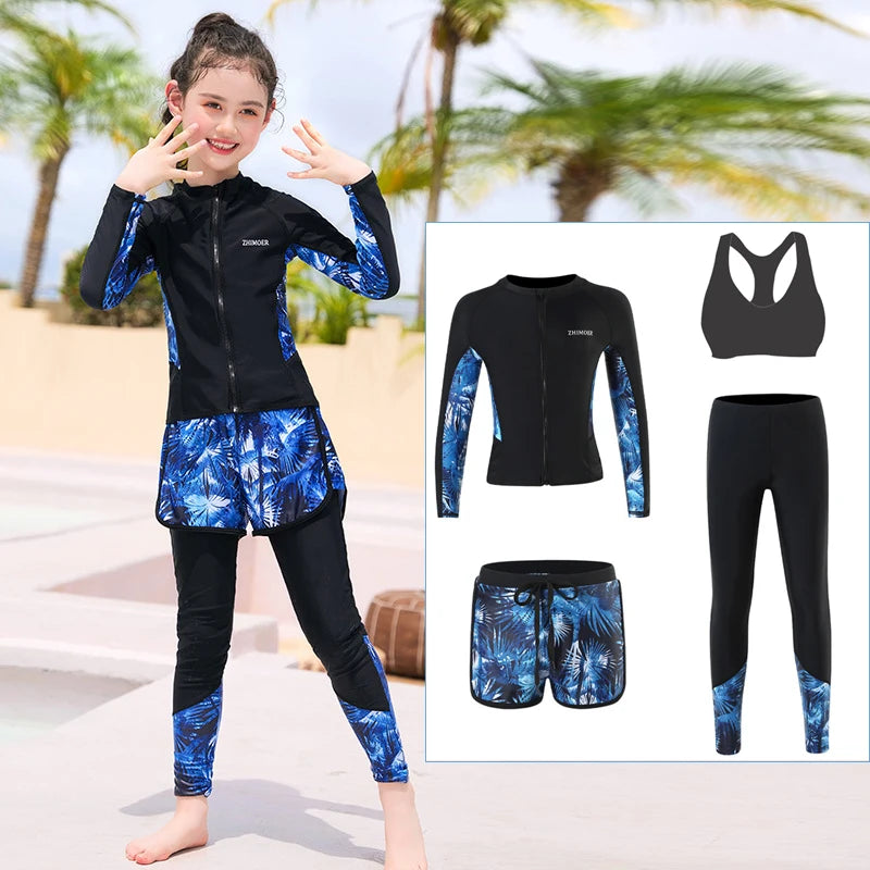 Boys Youth Three Piece Rash Guard Long Sleeve Zipper Hoodie Shirt and Pants Athletic Surfing Swimsuit Bathing Suits Kid Swimwear