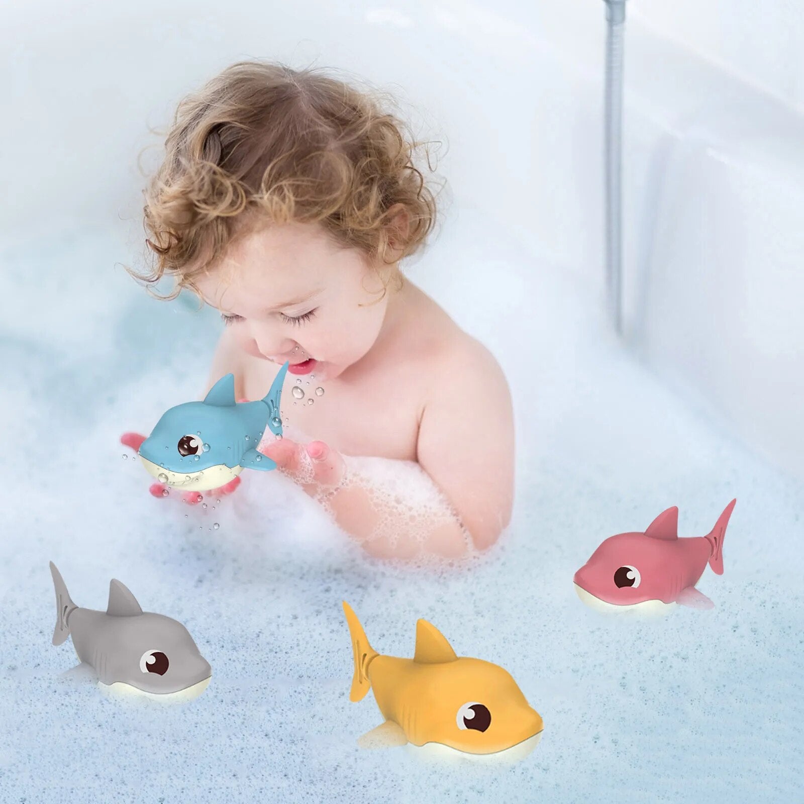 Toddler Bath Toys Cute Cartoon Swimming Shark Clockwork Wagging Tail Rotating Device Beach Baby Bath Tub Wind Up Toy