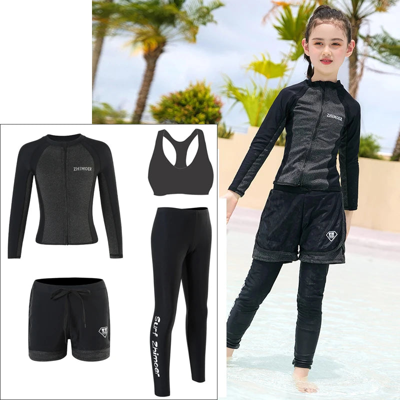 Boys Youth Three Piece Rash Guard Long Sleeve Zipper Hoodie Shirt and Pants Athletic Surfing Swimsuit Bathing Suits Kid Swimwear