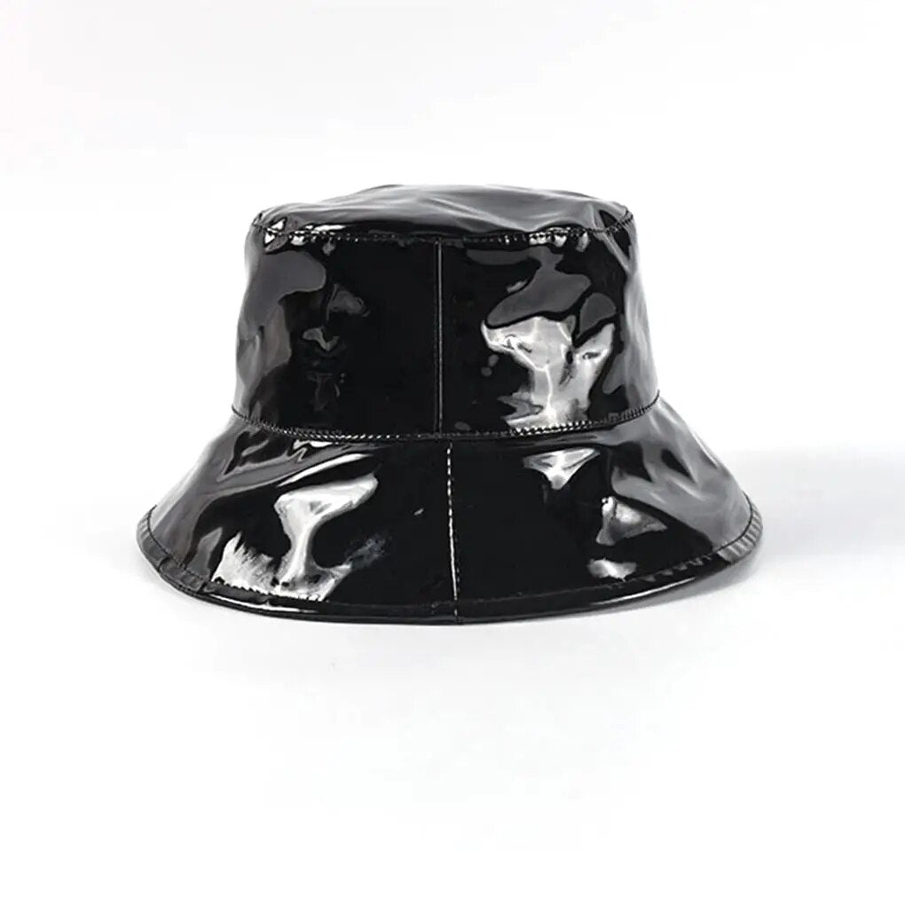 Bucket Hat Waterproof Rain Caps Fashion Black Patent Leather Solid Color Retro Street Hip Hop Fishing Bonnet Beach Party