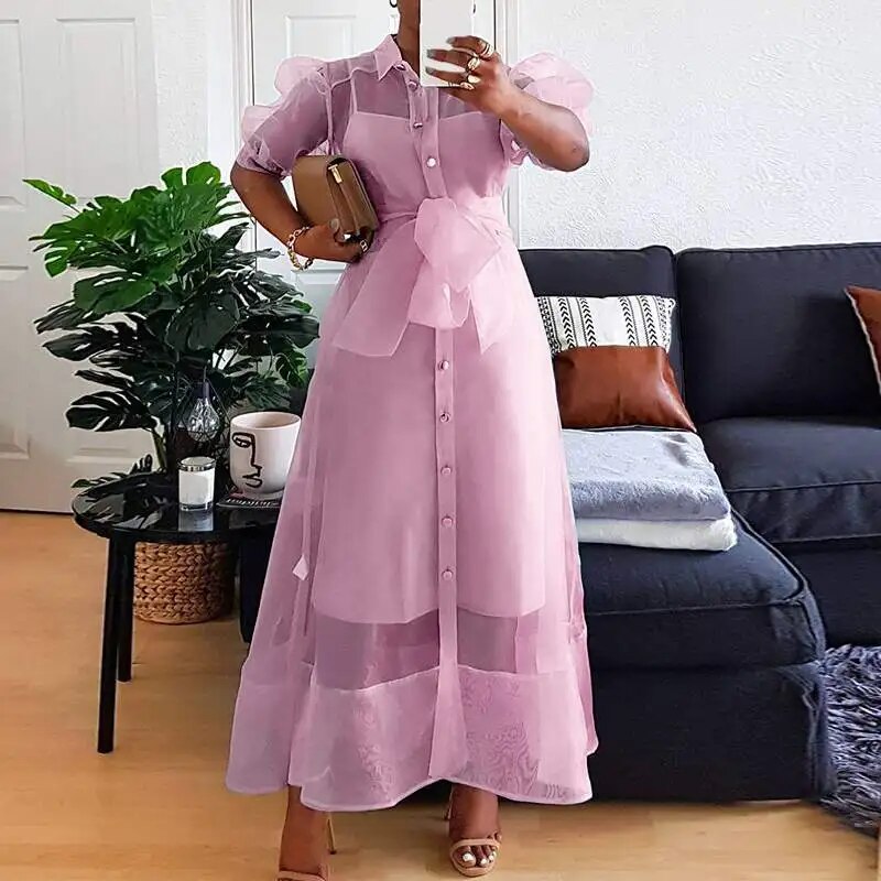 VONDA Summer Beach Dress Women Casual Short Puff Sleeve Lace Bow Long Maxi Sundress Buttons Loose Solid Party Robe 2024 Oversize