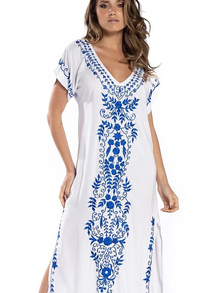 New Cover-up Beach Maxi Dress 2024 Robe De Plage Embroidery Beach Cover Up Sarong Women Beach Pareo Tunic For Beach Swimwear