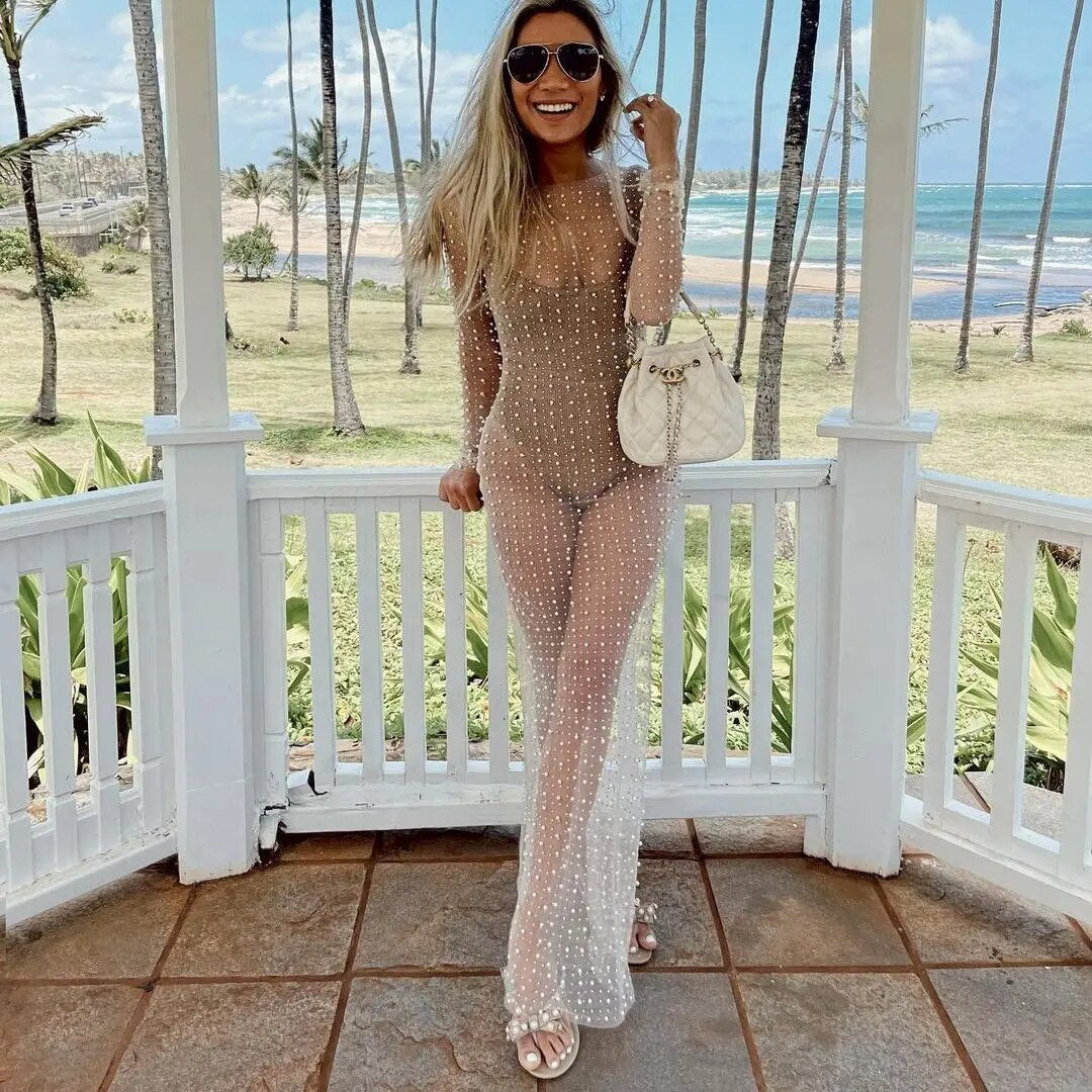 Zenaide 2024 See Through Mesh Dress Diamonds Pearl Long Sleeve Summer Sexy Bodycon Maxi Dresses Women Y2K Party Club Beach Cloth