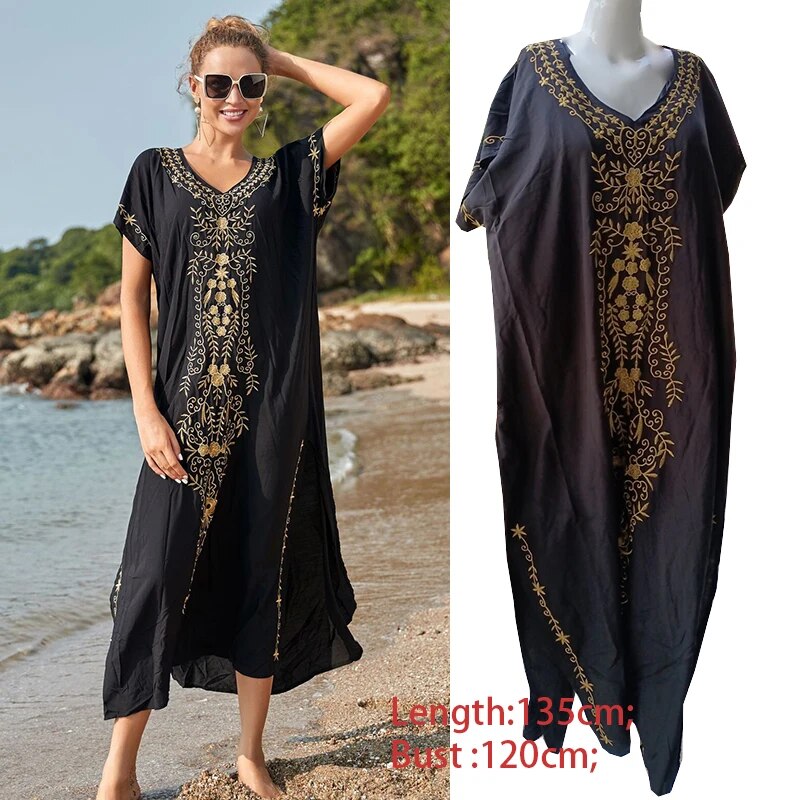 New Cover-up Beach Maxi Dress 2024 Robe De Plage Embroidery Beach Cover Up Sarong Women Beach Pareo Tunic For Beach Swimwear