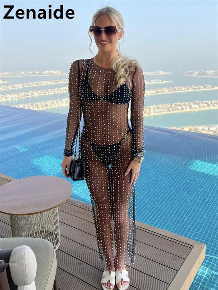 Zenaide 2024 See Through Mesh Dress Diamonds Pearl Long Sleeve Summer Sexy Bodycon Maxi Dresses Women Y2K Party Club Beach Cloth