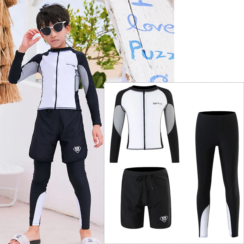 Boys Youth Three Piece Rash Guard Long Sleeve Zipper Hoodie Shirt and Pants Athletic Surfing Swimsuit Bathing Suits Kid Swimwear